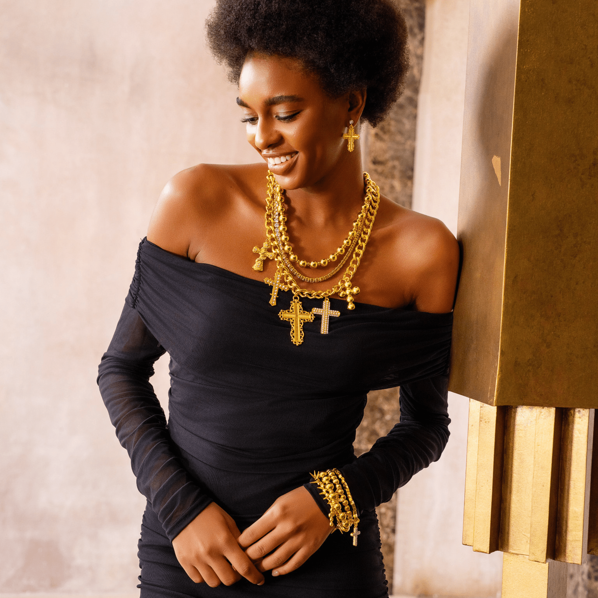 Trinity Crucifix Cross 4pc Stretch Bracelet Stack - Gold,Bracelets, Sassy Jones,