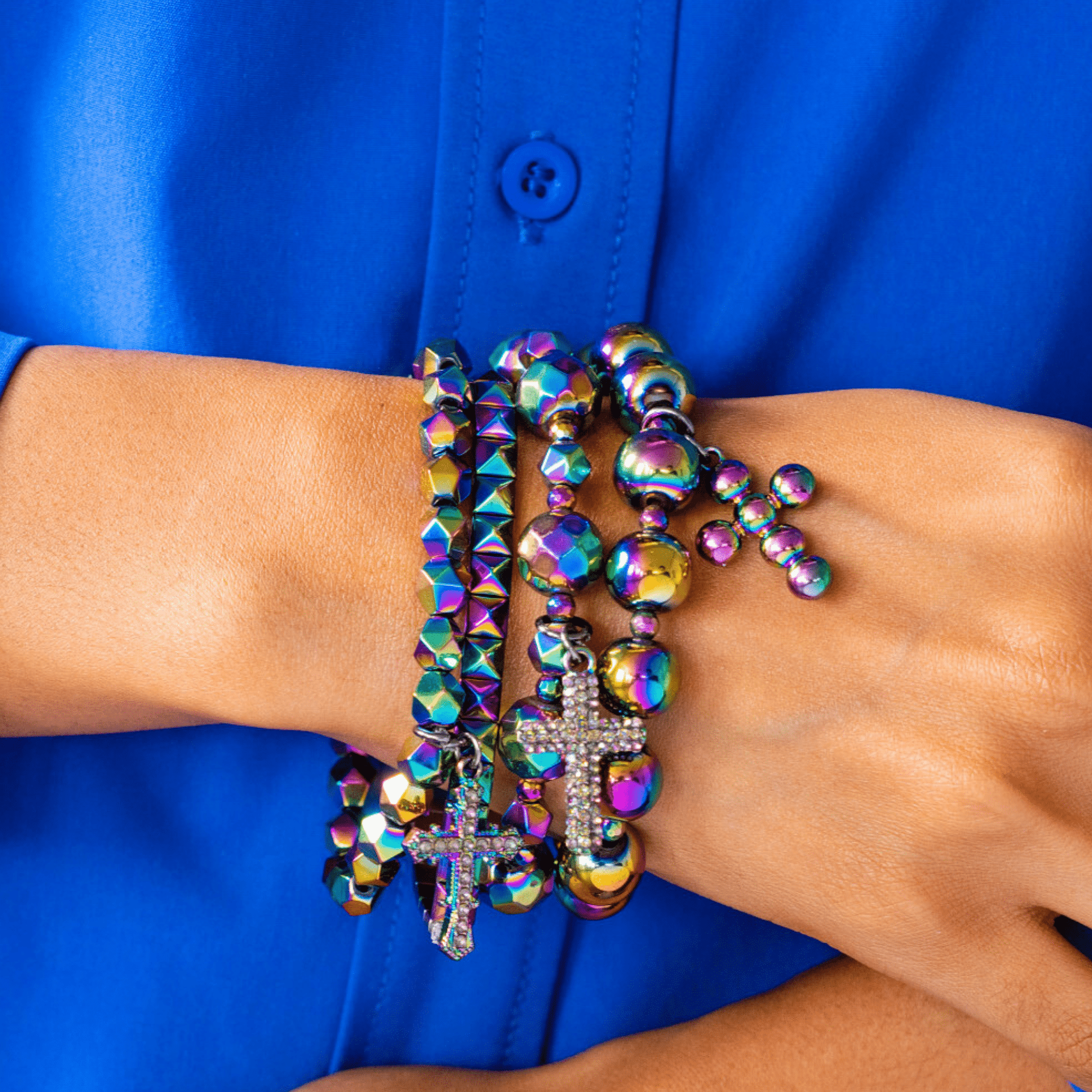 Trinity Crucifix Cross 4pc Stretch Bracelet Stack - Heaven’s Rainbow,Bracelets, Sassy Jones,