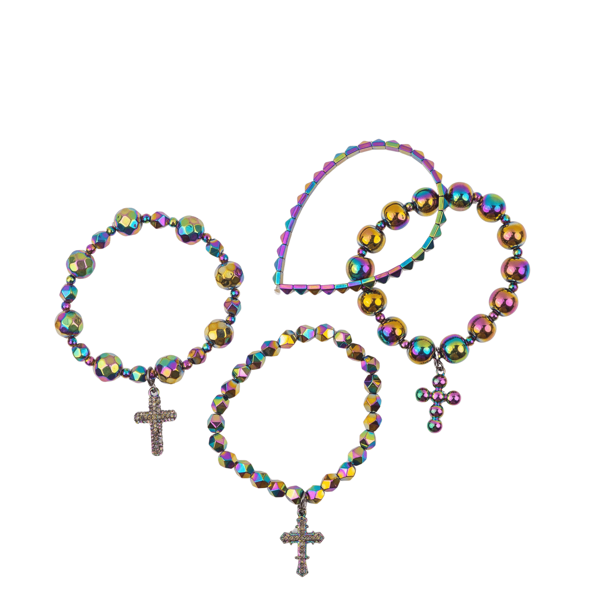 Trinity Crucifix Cross 4pc Stretch Bracelet Stack - Heaven’s Rainbow,Bracelets, Sassy Jones,