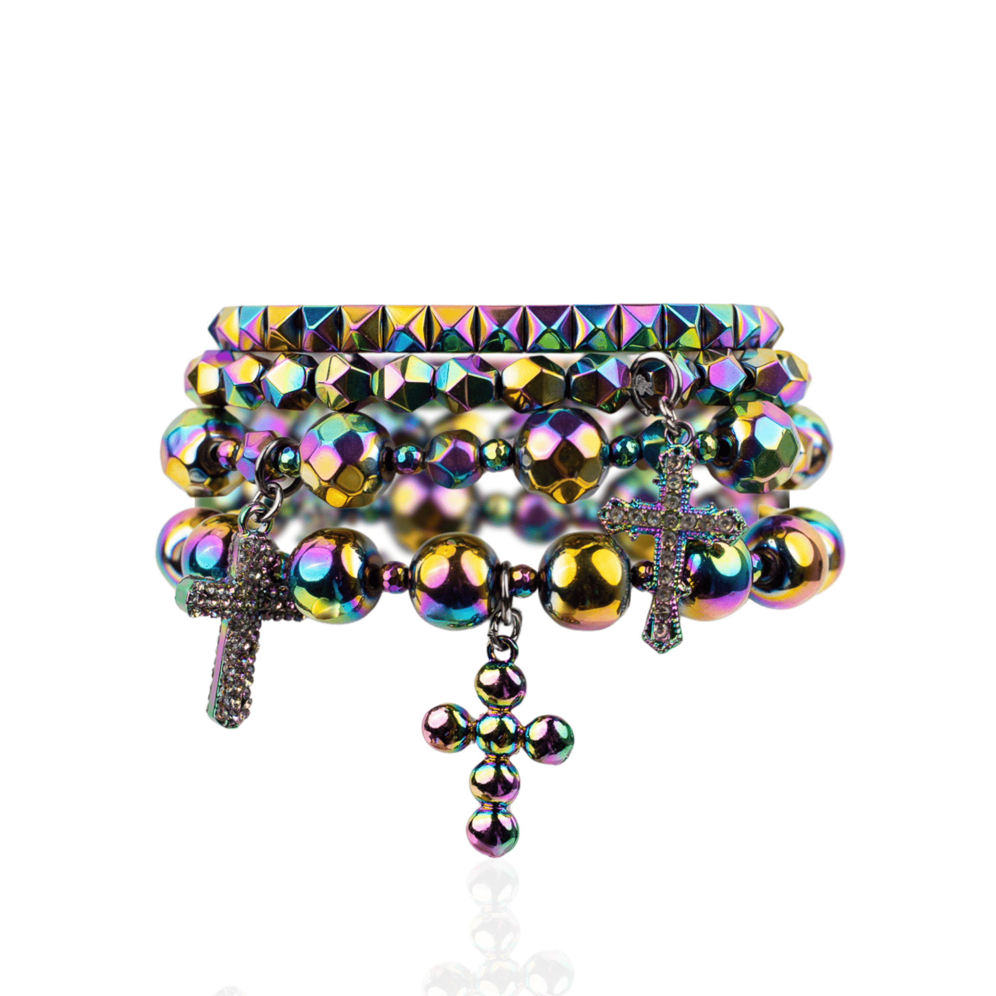 Trinity Crucifix Cross 4pc Stretch Bracelet Stack - Heaven’s Rainbow,Bracelets, Sassy Jones,