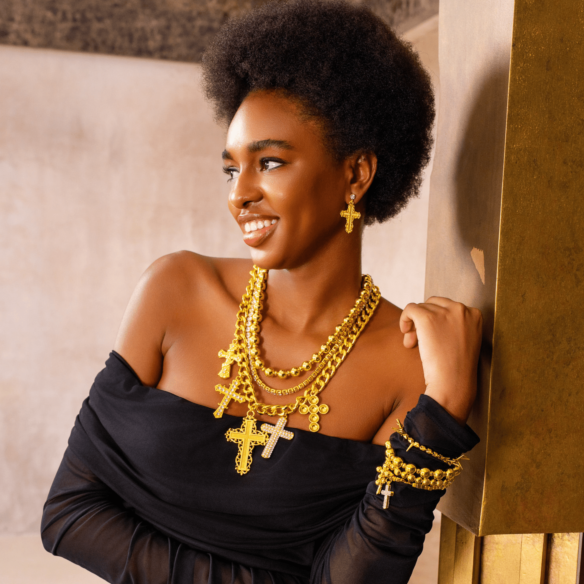 Trinity Crucifix Cross Filigree Drop Earrings - Gold,Earrings, Sassy Jones,