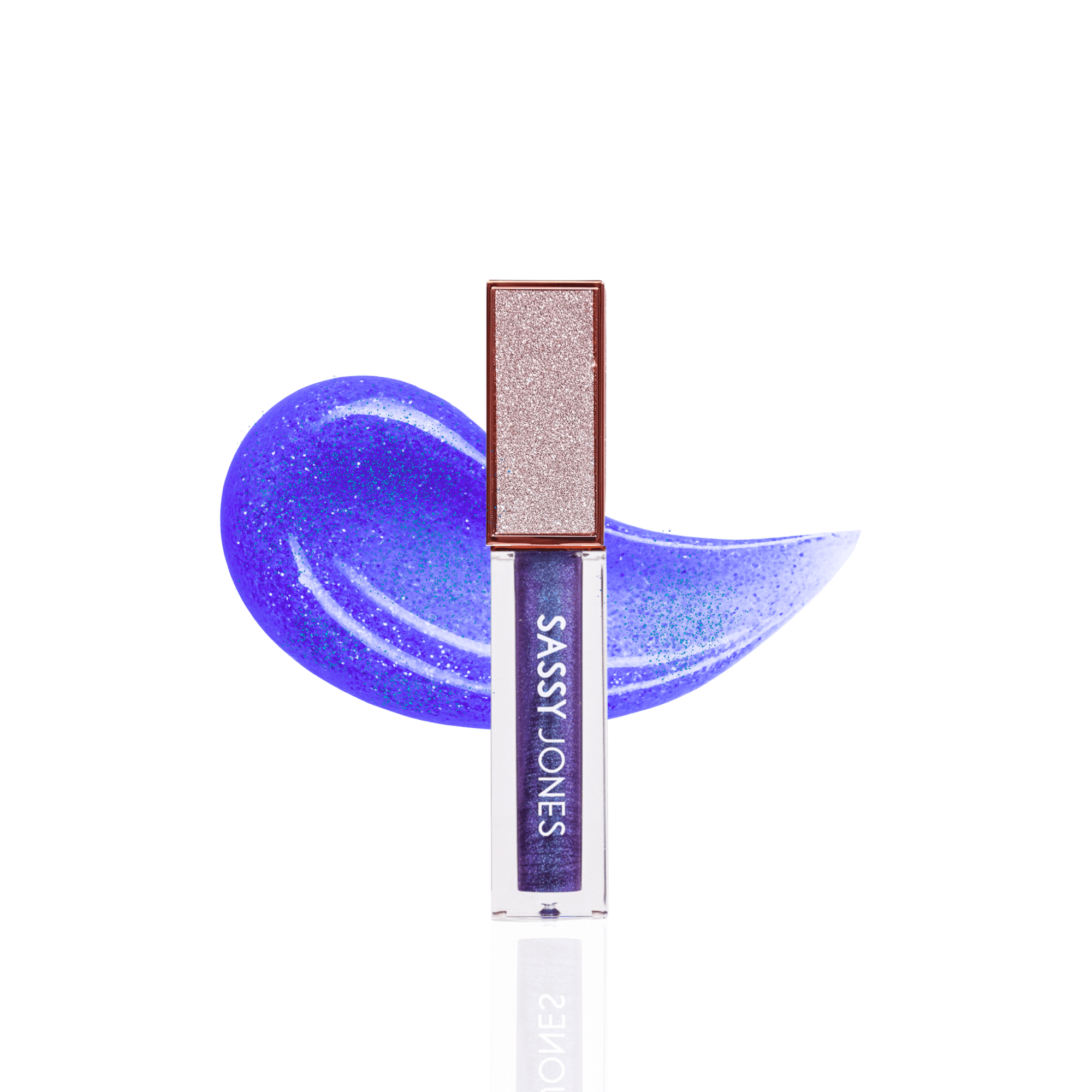 Sassy Jones Try Me Not Holographic Luxe Lip Gloss in metallic violet-blue shimmer.