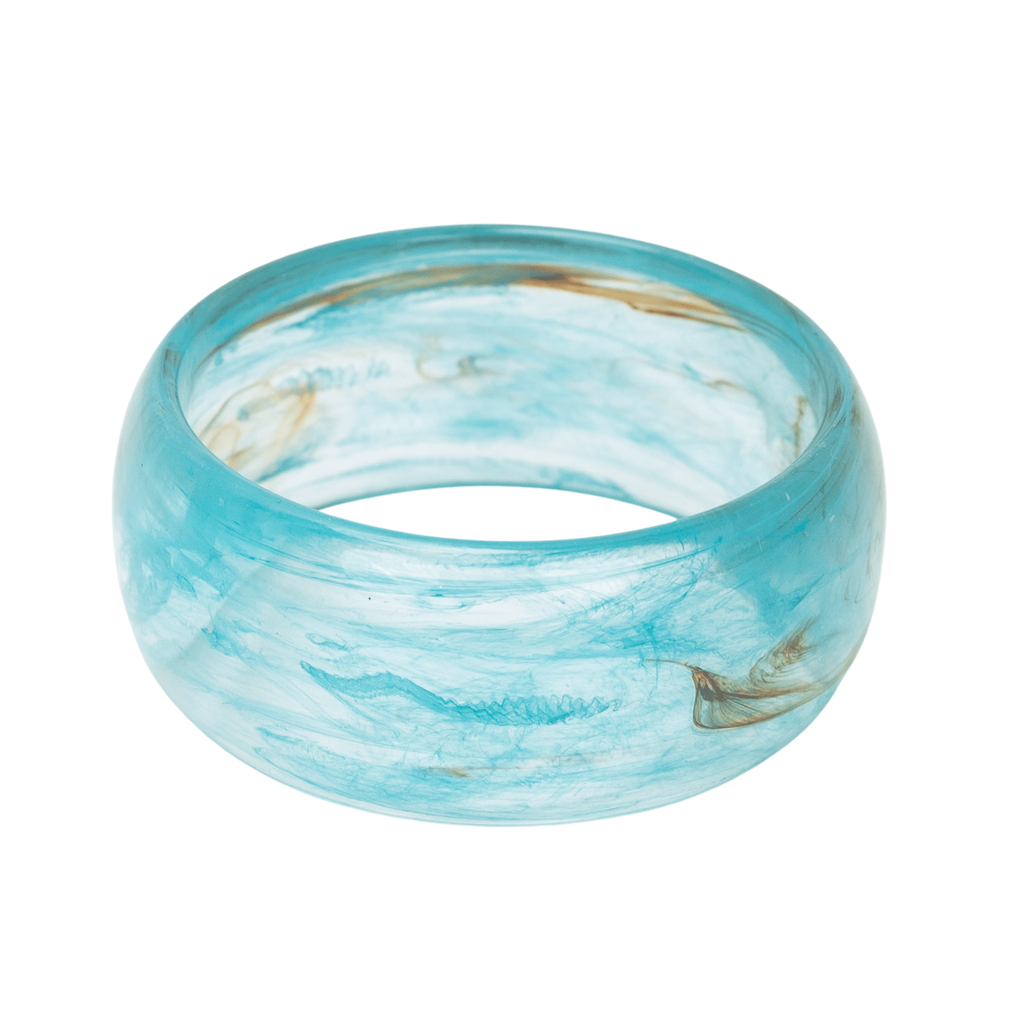 Glossy aqua marbled resin bangle bracelet with ocean inspired turquoise and pearl swirls on a white background.