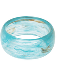 Glossy aqua marbled resin bangle bracelet with ocean inspired turquoise and pearl swirls on a white background.