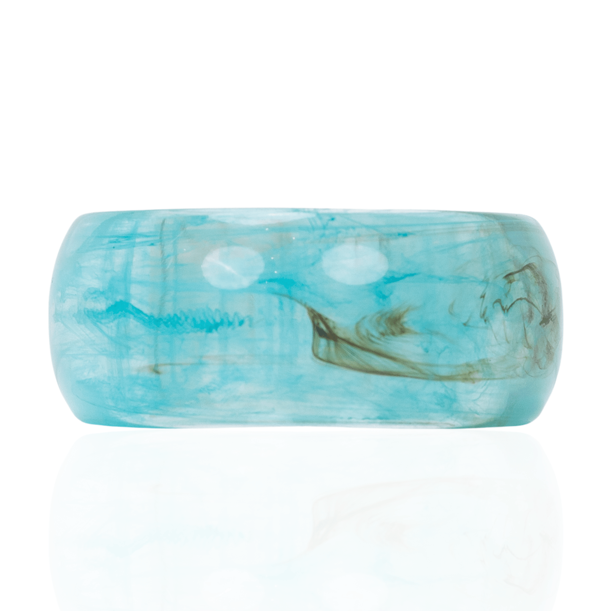 Glossy aqua marbled resin bangle bracelet with ocean inspired turquoise and pearl swirls on a white background.