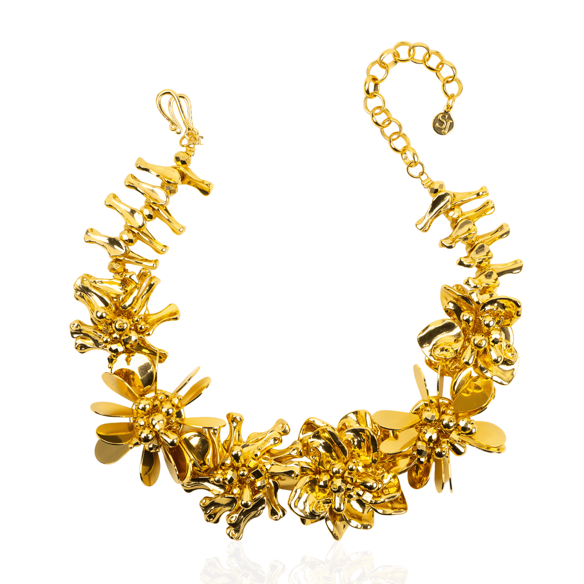 18k gold sculptural floral statement necklace with layered petals and reflective discs inspired by cascading wisteria blossoms worn on a woman's neckline