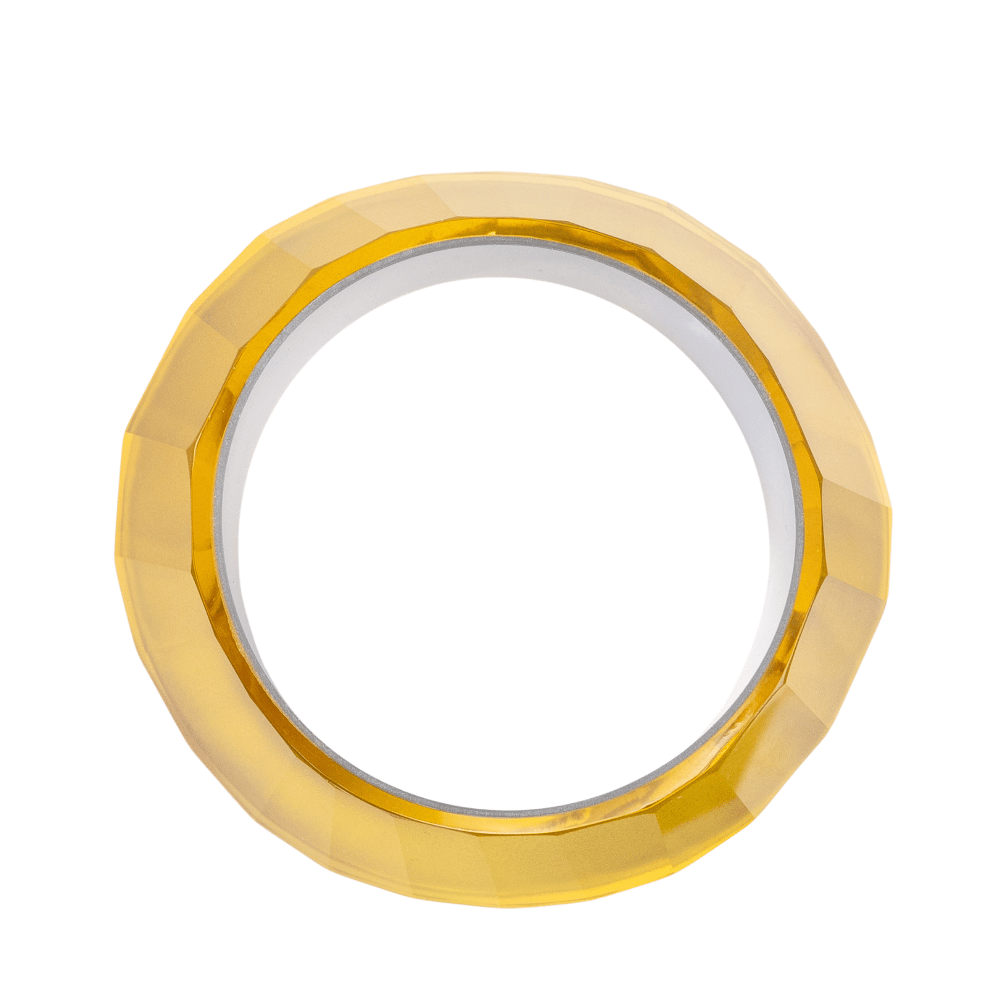 Faceted translucent golden resin bangle bracelet with sculptural modern shape on a white background.