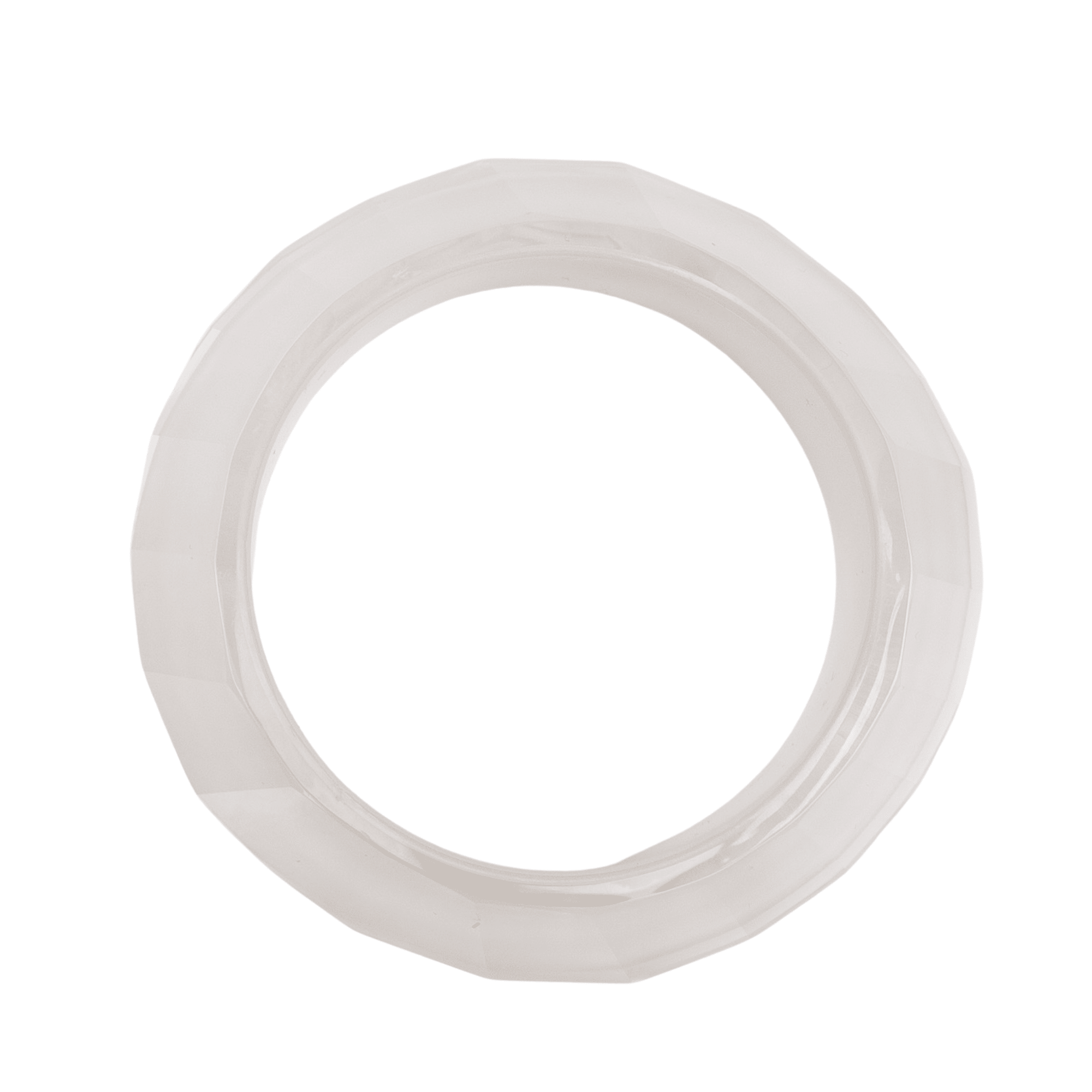 Frosted translucent white faceted resin bangle bracelet with sculptural geometric shape on a clean white background.