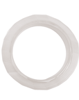 Frosted translucent white faceted resin bangle bracelet with sculptural geometric shape on a clean white background.