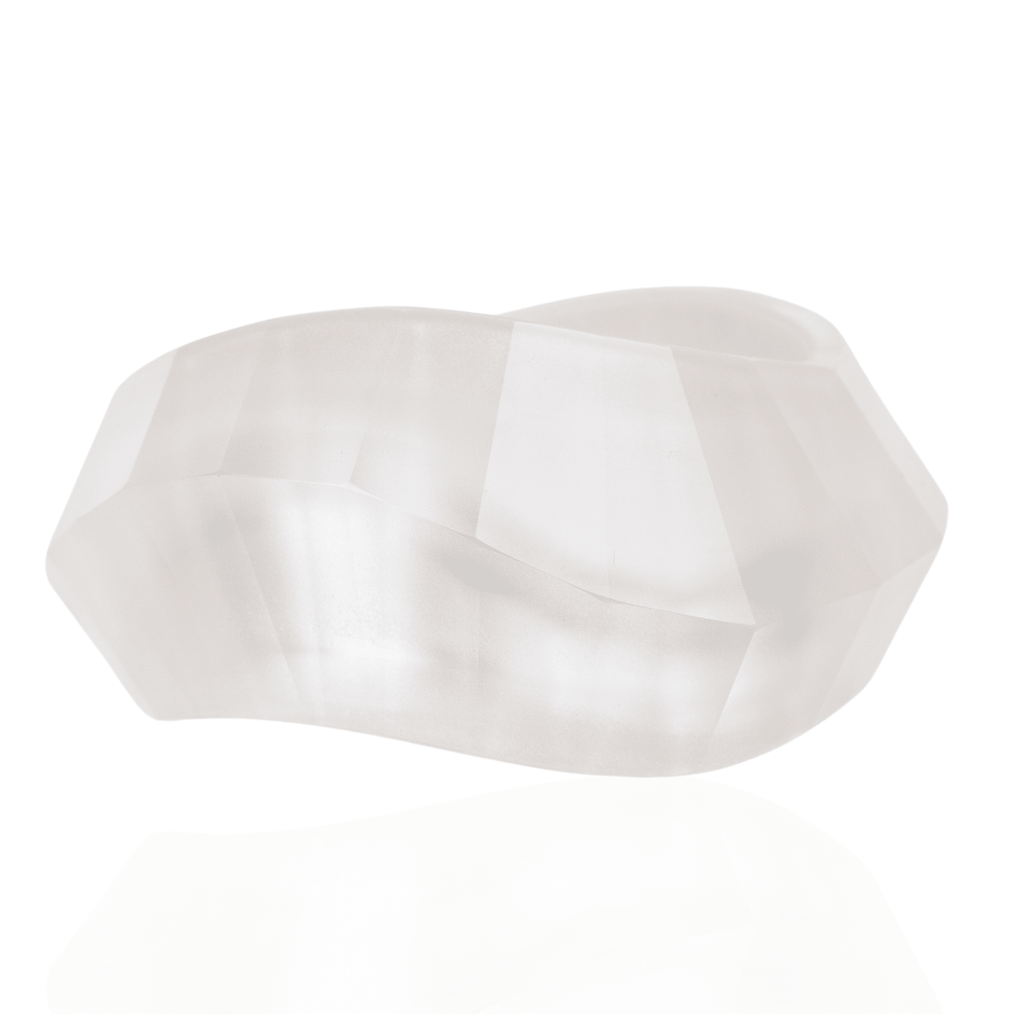 Frosted translucent white faceted resin bangle bracelet with sculptural geometric shape on a clean white background.