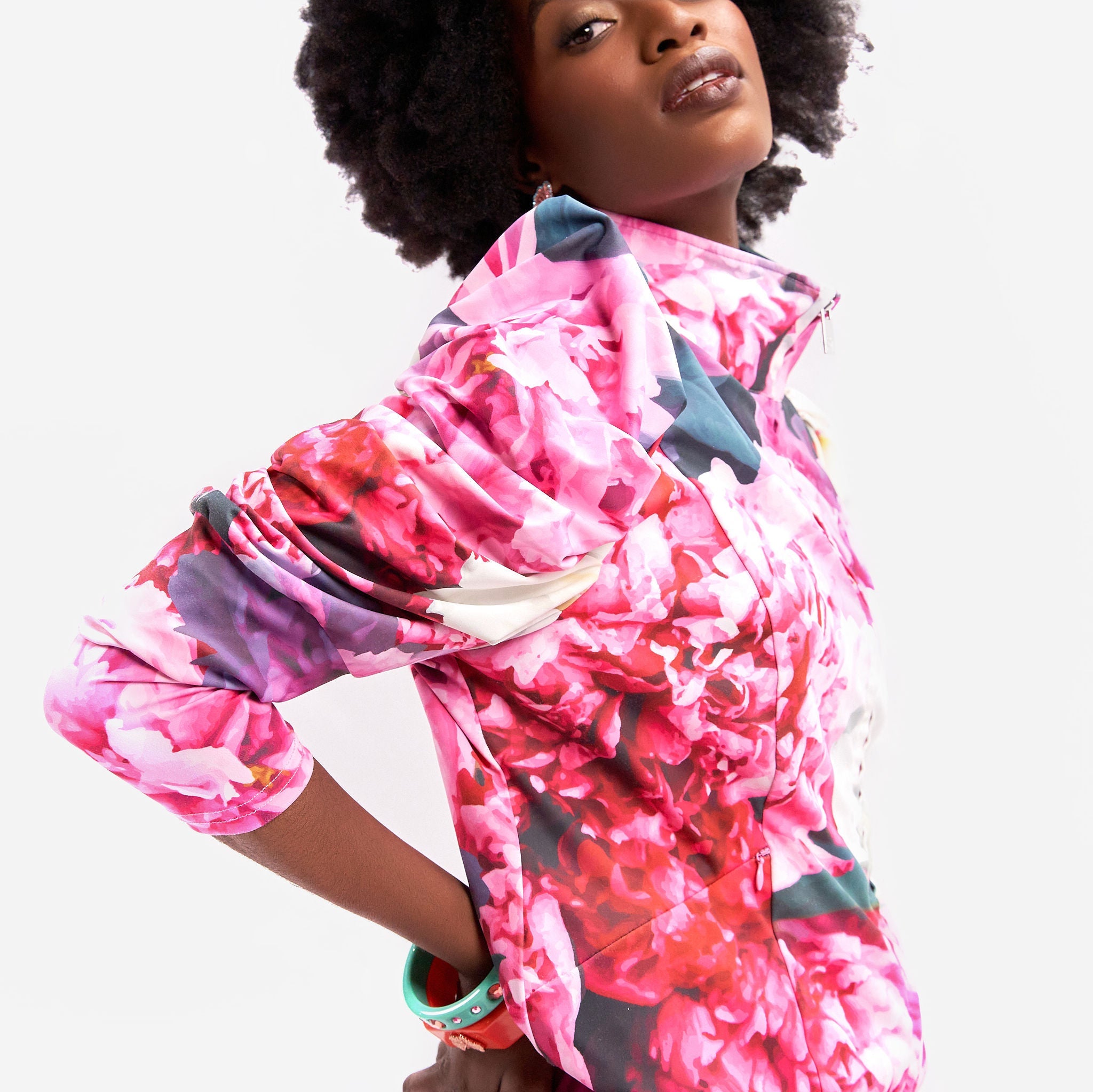 Kristyn Draped Jogger Jacket - Floral Essence- Multi - Sassy Jones  jogger jacket, floral jacket, pink jacket, lightweight jacket, athleisure set, neoprene