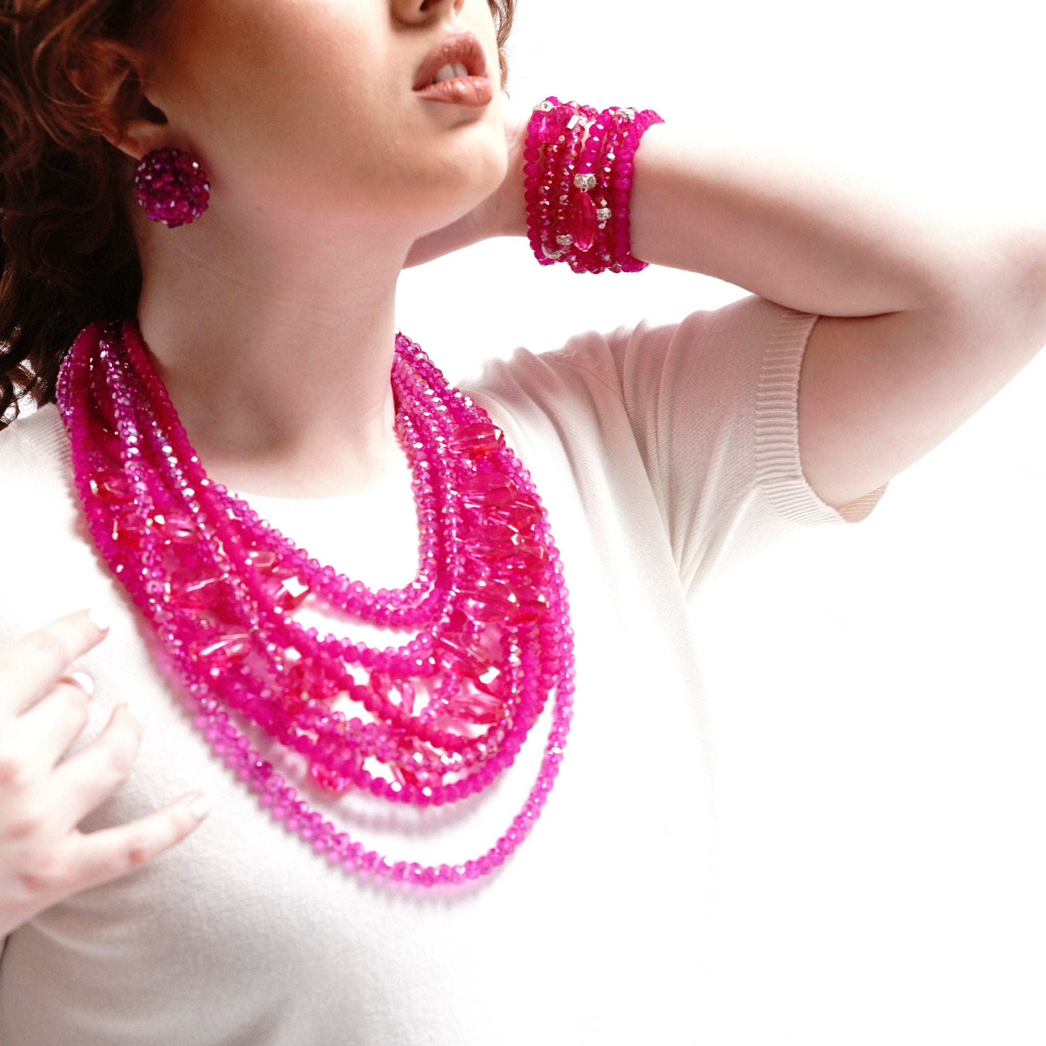 Malia Glass Bracelet Stack - Hot Pink - Sassy Jones