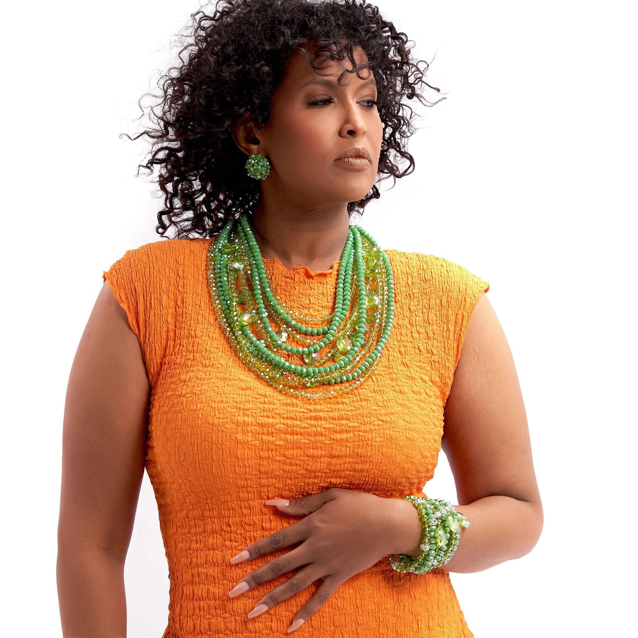 Malia Glass Sparkler - Key Lime Pie (Detachable Layers) - Sassy Jones bib necklace, glass bead necklace, iridescent beads, green crystal, layered necklace