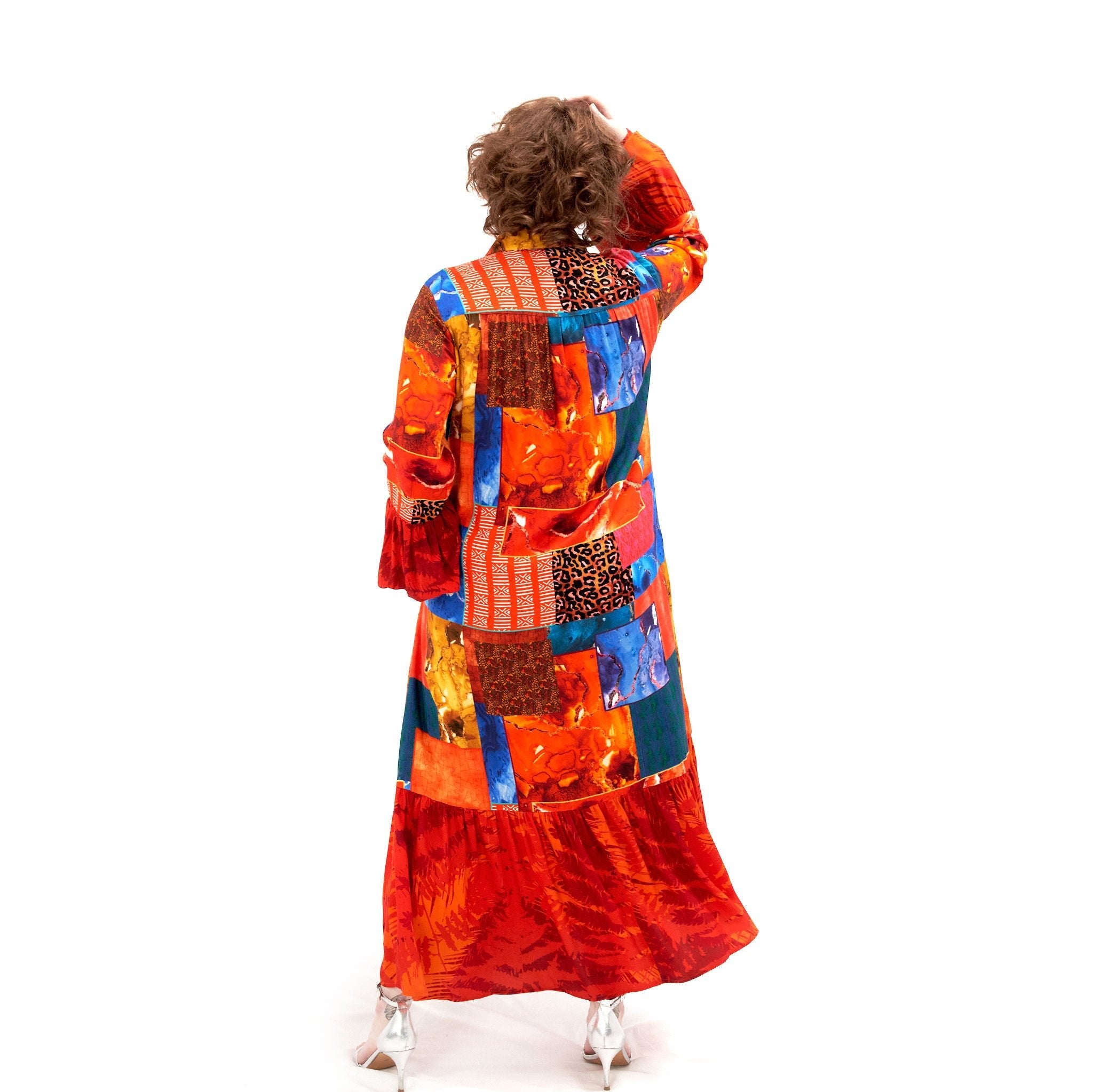 The Prahna Patchwork Shirt Dress- Orange Tribal Gem - Sassy Jones