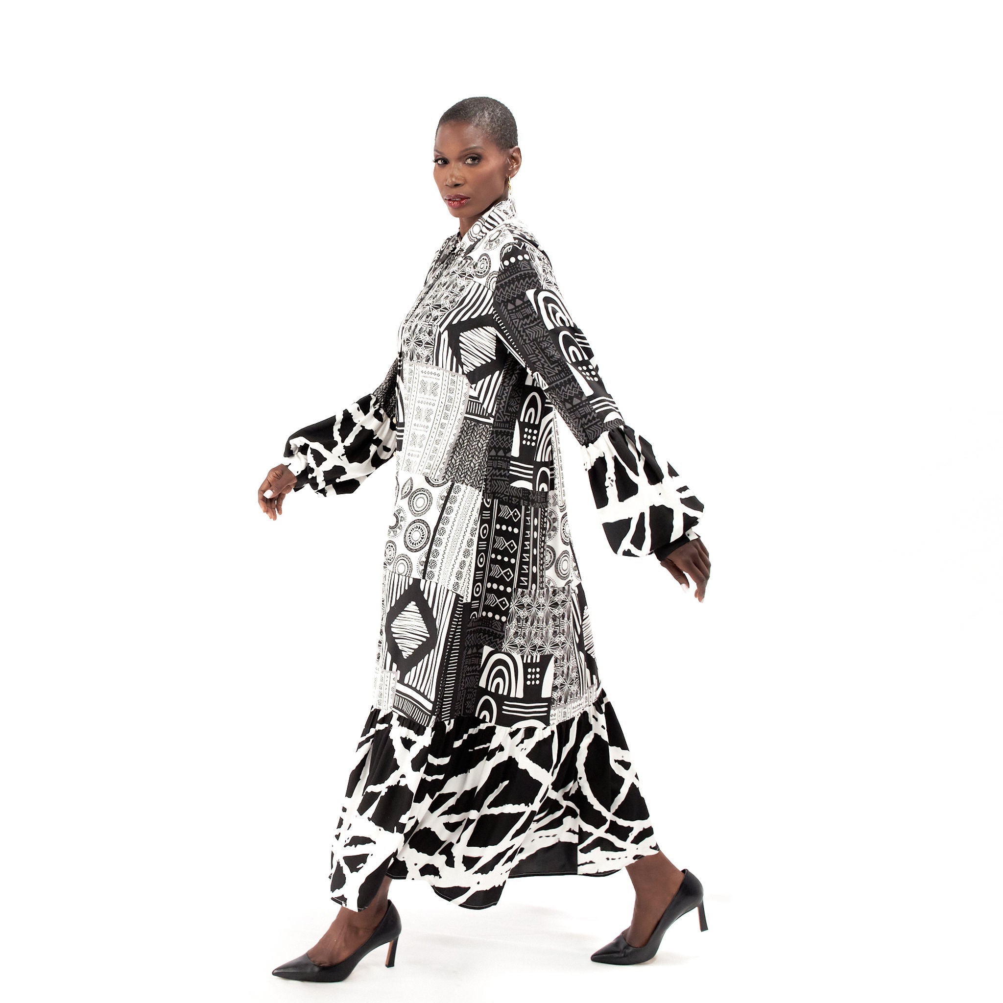 The Prahna Shirt Dress- Black/ White Tribal Patchwork - Sassy Jones