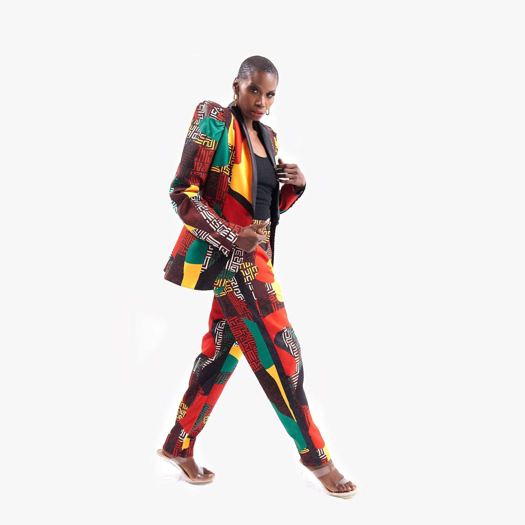 The Talia Tuxedo Pant- Africana - Sassy Jones  high waist pant, pant suit, tuxedo pant, african print
